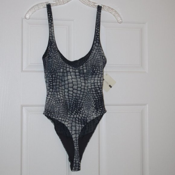 La Perla New Bodysuit Gray Abstract Croco Print Double Layer Top Italy US 8 - Picture 2 of 10